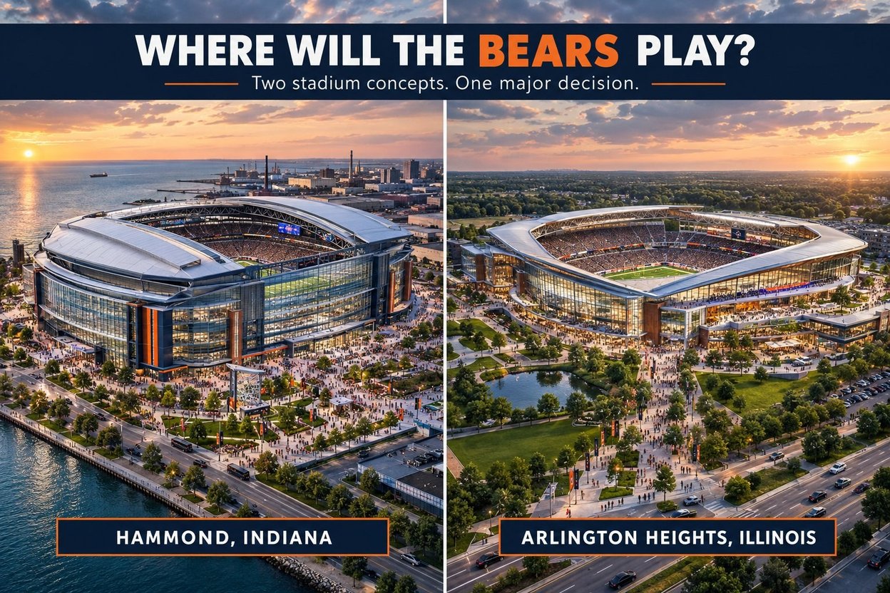 Side-by-side Bears stadium concepts for Hammond, Indiana and Arlington Heights, Illinois