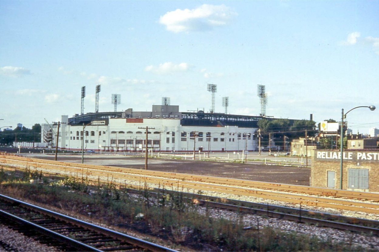 Old Comiskey Park seen across the rail yards in 1968