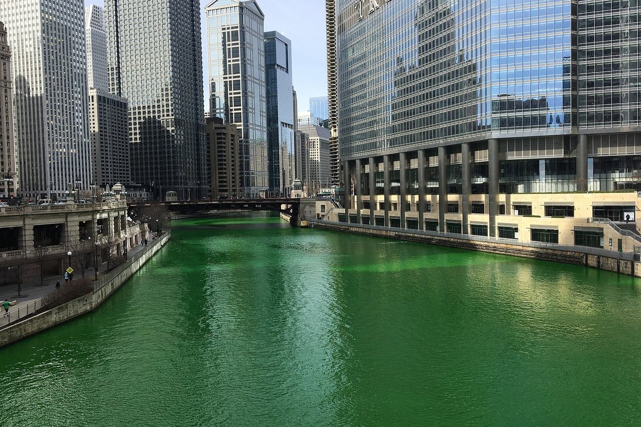 The Chicago River dyed bright green for St. Patrick's Day
