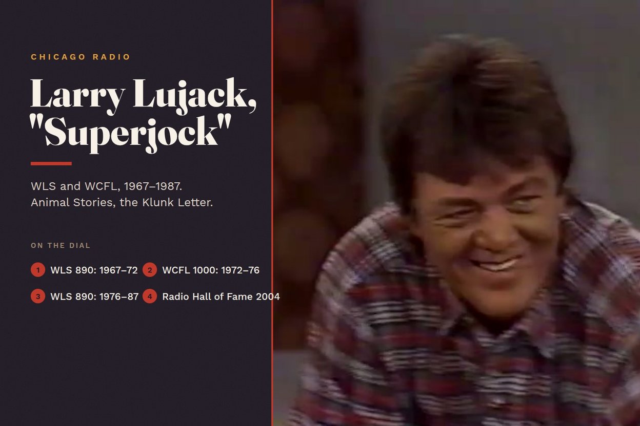 Larry Lujack laughing on "Donahue" in November 1983, beside his career dates