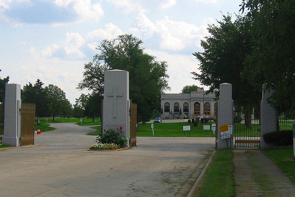 The gates of Resurrection Cemetery on Archer Avenue in Justice, Illinois
