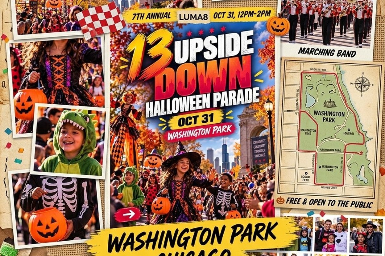 Children in Halloween costumes walk down a park drive while costumed performers line the route during a daytime Halloween parade.