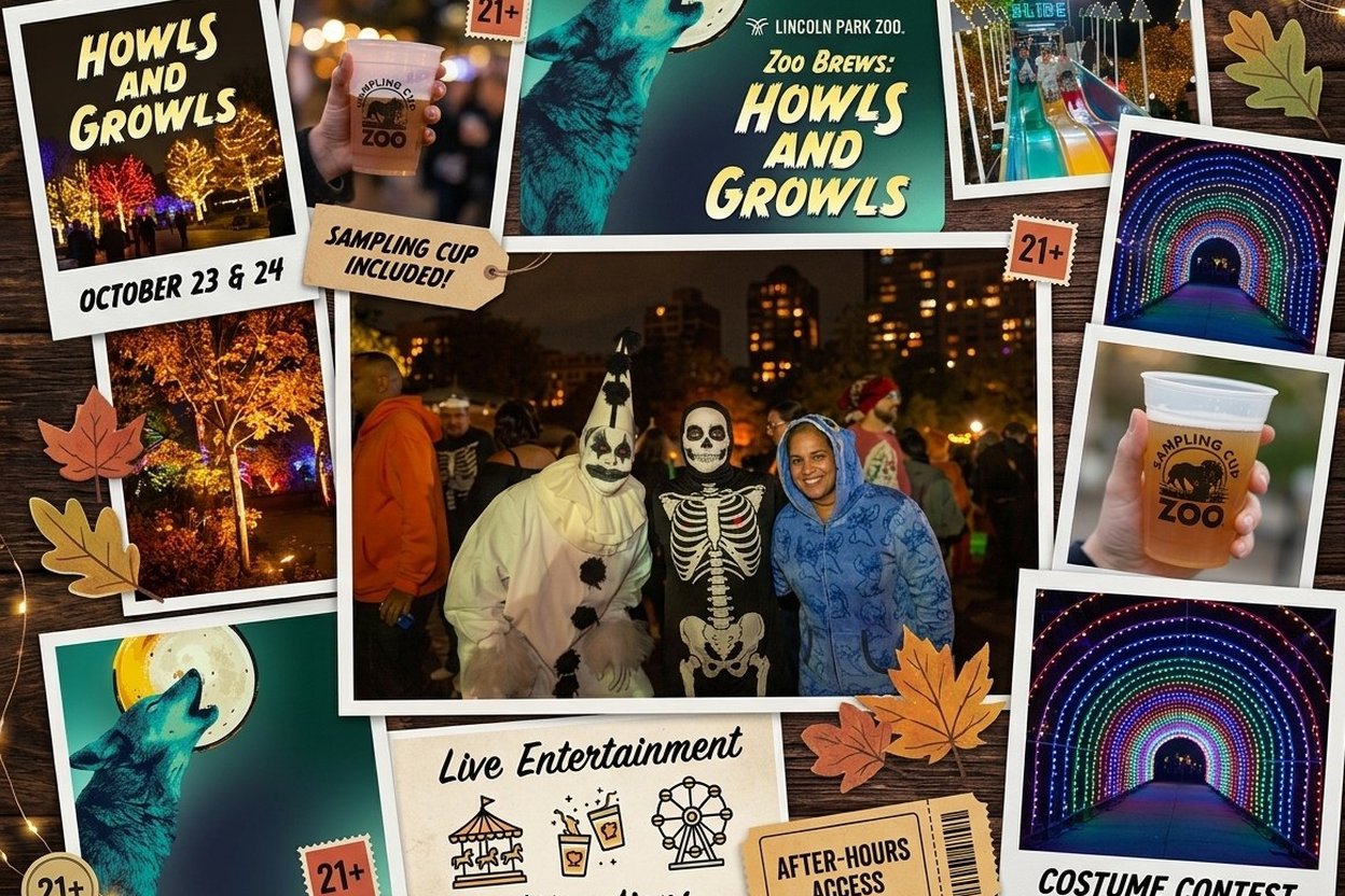 Adults in Halloween costumes holding drink samples on a lit path at Lincoln Park Zoo during an evening event