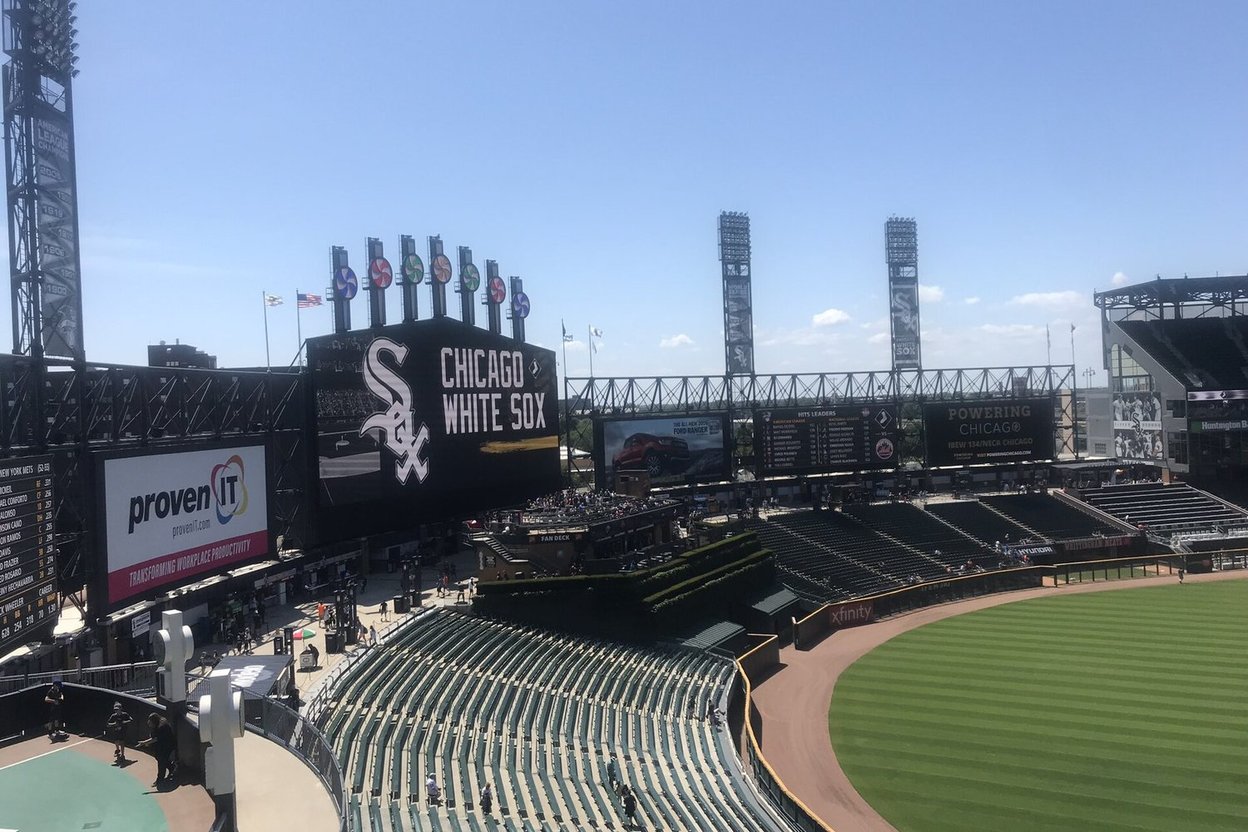 Fans filling the stands at Rate Field during a White Sox playoff game in October.