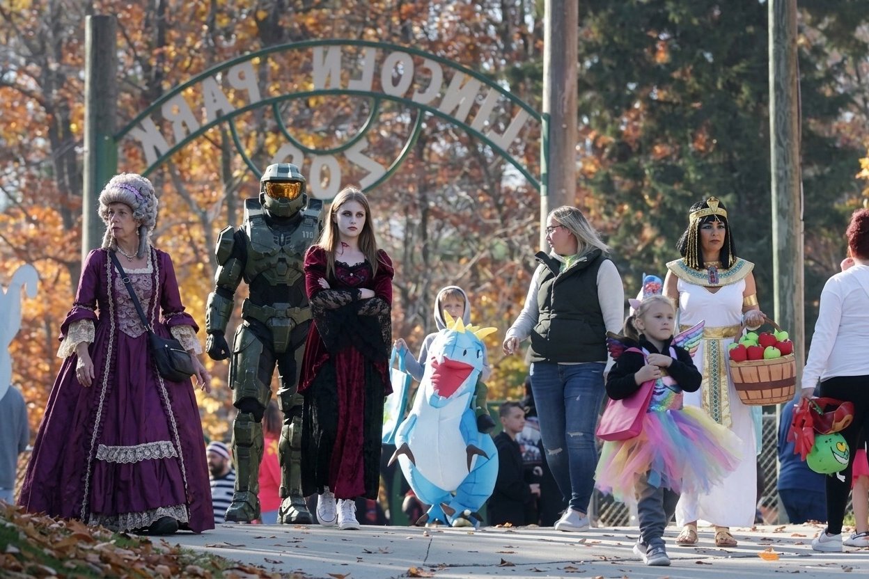 Costumed people walk through Lincoln Park Zoo’s archway on a fall day.