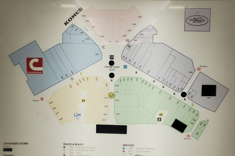The Spring Hill Mall directory in October 2023, five months before the mall closed, with the empty storefronts blacked out