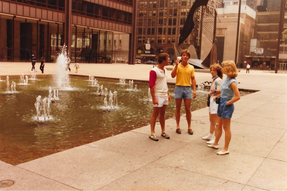 The Daley Plaza fountain in July 1984, with the edge of the Picasso at top right