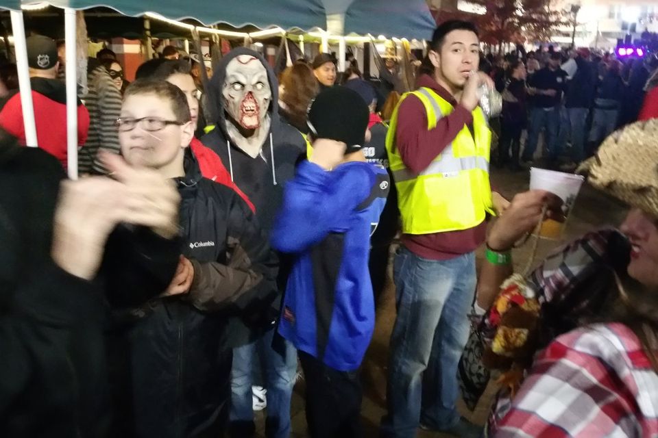 Masked and costumed people in the crowd on Chicago Street in downtown Elgin, 2015