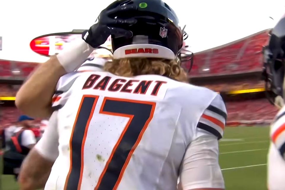 Tyson Bagent, the Bears' No. 17, in uniform and helmet