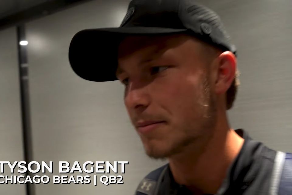 Bears quarterback Tyson Bagent in a cap, from a CrossFit video