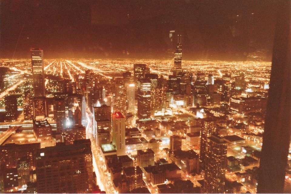 Downtown Chicago at night from the Sears Tower Skydeck, January 1985